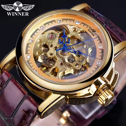Fashion Winner Top Brand Retro Women's Diamond Inlaid Hollow Automatic Mechanical Leather With Exqui