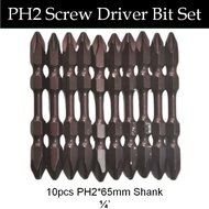 PH2 Screw Driver Bit Set 10pc PH2*65mm shank 1/4', Slot + Cross (10pcs)