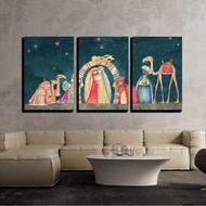 3 Piece Canvas Wall Art Illustration Christian Christmas Nativity Scene with The Three Wise Men mode
