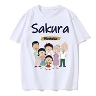 Men's Summer Cute Japanese Anime Chibi Maruko-Chan Printed Round Neck Solid Color Cotton European Si