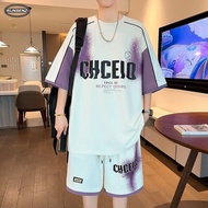 M-8XL Korean Trendy Summer Sets Men Plus Size Short Sleeve T Shirt + Shorts