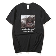 I Survived Today's Tummy Ache T-Shirt Funny Cat Meme Short Sleeve T Shirt Men Women Cotton Casual Ov