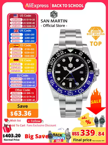 San Martin Luxury GMT Hangzhou 6460 Men Automatic Mechanical Watch Business Sports Waterproof 200m S