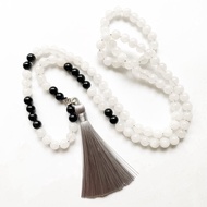 Onyx Stone Bead 108 Prayer Mala Beads Necklace 8mm White Black Stone Knot Beaded Necklace Bracelet Gray Tassel Handmade