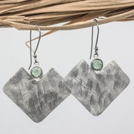 Faceted round green kyanite earrings with large silver square shape and oxidized