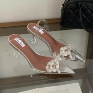 (fat feet increase in size) high heels with clear straps and pearl bows, 7-9cm high clear heels