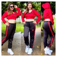 Setelan Senam Crop Jaket Parasut Merah / Jogger Hitam Lis Merah / Crop Jaket Olahraga / Baju Senam Zumba