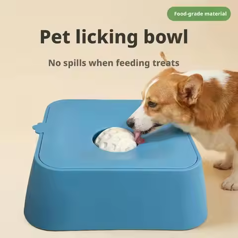 PP Material Dog Lick Bowl with Rolling Ball Large Capacity Pet Slow Feeder Blue Black Enjoy Eating L