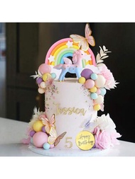 47 件裝獨角獸彩虹蛋糕裝飾獨角獸帶彩虹蝴蝶獨角獸球生日快樂蛋糕裝飾適合派對