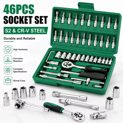 46 Pcs Professional Ratchet Set Car Repair Kit Green Toolbox Auto Maintenance Essentials Mechanic To