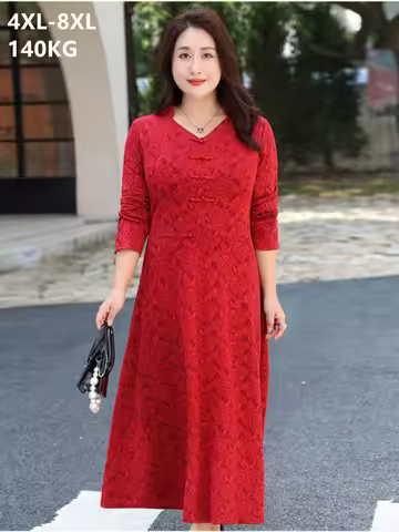 Red Long Dresses Women Long Sleeve Graceful V Neck Lace Chinese Style Spring Autumn Black Plus Size