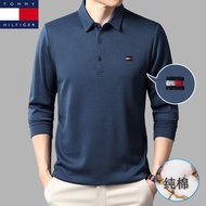 ไปทางด้านหลัง☬❦Tommy Hilfiger แท้ Hilfiger ฤดูใบไม้ร่วงฤดูหนาวแขนยาวเสื้อโปโลคอปกเสื้อยืดธุรกิจลำลองผ้าฝ้าย