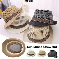MEIGU Straw Fedora Hat, Short Brim Trilby Sun Cap,  Breathable Straw Floral Hat Man