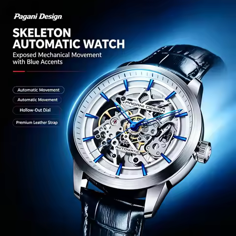 PAGANI DESIGN Skeleton Men Automatic Mechanical Watch Blue Leather Strap Waterproof Luxury Wristwatc