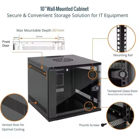 Wall Mount Server Rack 6U 10 Inch Network Cabinet 50kg Load Capacity 12.3W x 13D x 11.8H Black