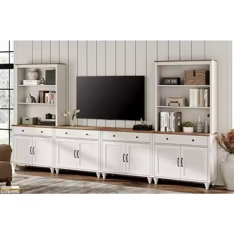 Entertainment Center with Bookshelves for TVs up to 75", Farmhouse Wall Unit TV Stand with 8 Doors &