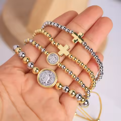 5PCS, Gold Silver Color Beads Chain Cross Heart Bracelets for Women Gold Plated Stackable Jewelry Fr