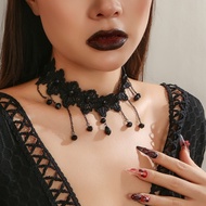 Gothic Renda Hitam Kolar Kalung Punk Akrilik Manik Loket Kalung Yg Mencekik wanita Halloween Trend Barang Kemas Cosplay