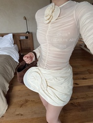 Magda Early Spring Gentle Smooth 3D Flower Pleated Slim Fit Semi-Transparent Base Layer Long Sleeve 