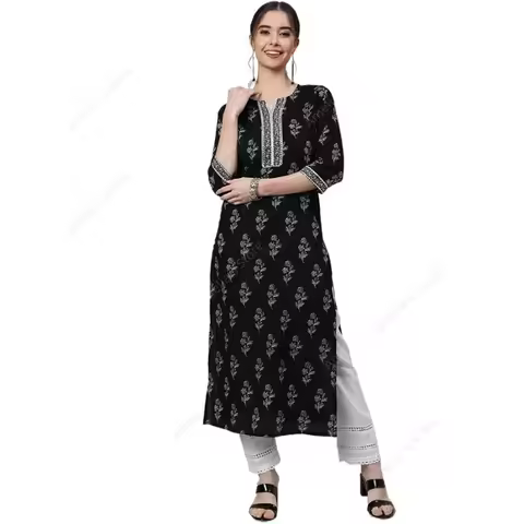 Indian Ethnic Kurta for Women Black Cotton Floral Print Tunic Top 3/4 Sleeve Round Neck Casual Mid-L