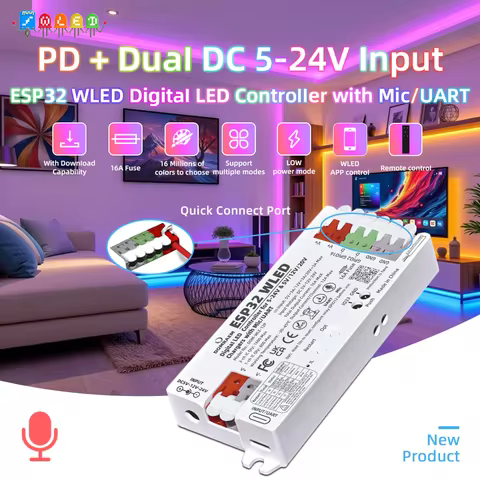 DOMRAEM PD 5V/12V/20V 3A Powered ESP32 WLED Digital LED Controller with Mic/UART Port & 16A Fuse for