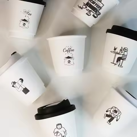 Disposable Coffee Hot Drink Paper Cup Thickened with Lid Takeaway Packaging Plastic Cup Household Le