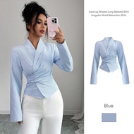 【Malaysia stock】Lace-up Striped Long Sleeved Shirt Irregular Waist Retraction Fashion Top Versatile 