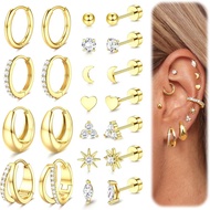 Hypoallergenic 14K Gold Plated Surgical Stainless Steel Flat Back Earrings, Small Cartilage Hoops Hu