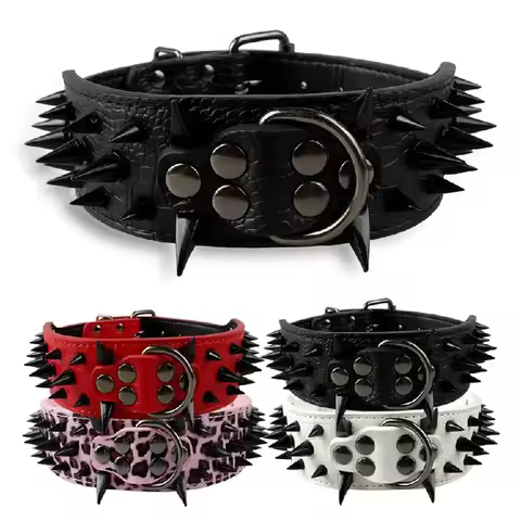 Adjustable 2" Wide Sharp Spiked Studded Leather Dog Collars Pitbull Bulldog Big Dog Collar for Mediu