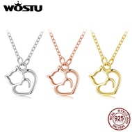 WOSTU 925 Sterling Silver Hollow Cat Pendant Necklace For Women Rose Gold Animal Charms Necklace S925 Silver Girl Birthday Gift