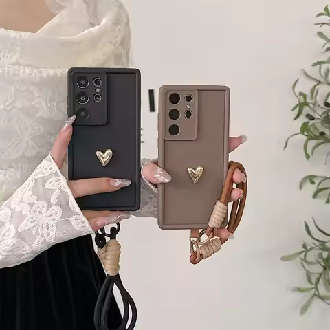 Wrist Strap 3D Gold Heart Love Case For Samsung Galaxy S25 Ultra S23 S22 Plus S24 S21 FE Note 20 A56