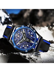 男士運動時尚矽膠錶帶藍黑大表盤自動機械錶