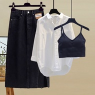 【ks1472.my】 Large size set 大码套装女遮肉衬衫抹胸吊带牛仔半身裙三件套装 READY STOCK 【0619YBZ6dhi4V】