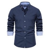 2024 European Size Slim-fit Shirt Men Casual All-match Fashion Solid Color Long-sleeved Top Men's Cl