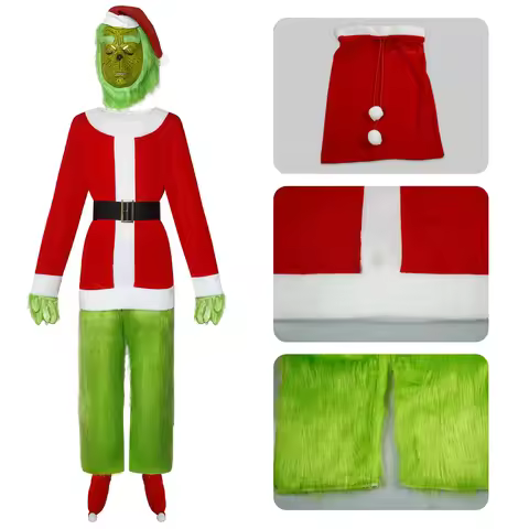 New Christmas Costume Cosplay Clothes Dress Up Santa Claus Weird Green Haired Monster Grinch Party P