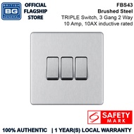 British General (FBS43) Flatplate Screwless, 10A 10AX Plate Switches, 3 Gang 2 Way, Brushed Steel