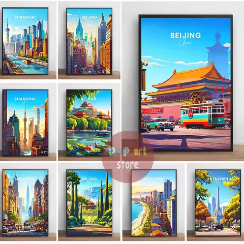 China Chinese City Beijing Shenzhen Shanghai Poster Canvas Painting China Traveling Prints Beijing C
