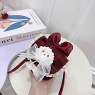 Girls Red Checkered Mini Bag 12cm Bear Pattern Lace Bow Korean Style Princess Crossbody Bag Kids Sli
