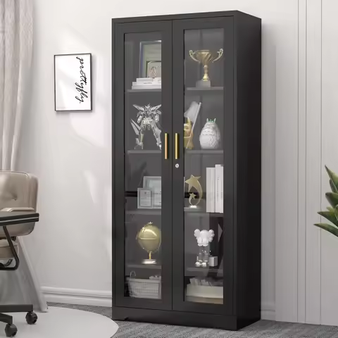 Glass Display Cabinet with Lock, Curio Cabinet with Glass Doors, Metal Display Case with 4 Adjustabl