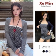 Set 2 Piece Xu Min Min (2 Loose Shirts) Strapless Plaid Shirt Trendy Crop OuterJacket (Xumin Plaid S