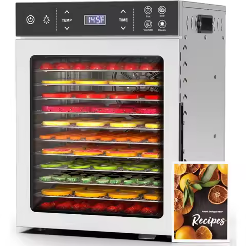 Electric Food Dehydrator with 12 Stainless Steel Trays 800W Power 4 Preset Settings Digital Timer an