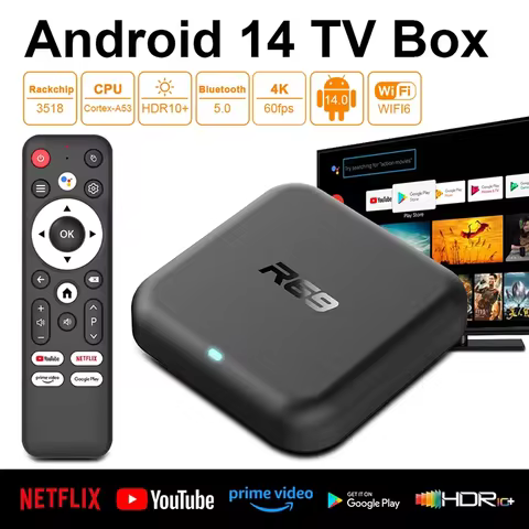 R69 Android 14 Smart TV Box 4K Ultra HD Media Player WiFi 6 Bluetooth 5.0 Google Voice Remote Suppor