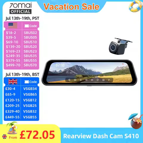 70mai Rearview Dash Cam S410 9.35" Mirror Display Front 2K Rear 1080P F1.55 Aperture Supercapacitor 