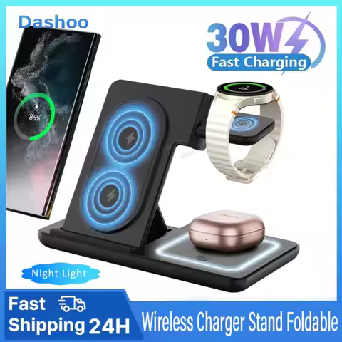 3 in 1 Wireless Charger Stand LED Light Foldable For Samsung S24 S23 Galaxy Watch 2-8 Active 1 2 Bud
