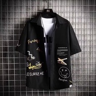 2023 New Men's Japanese Graffiti Printed Oversized Half Sleeve Button Loose Causal Trend Shirt Khaki