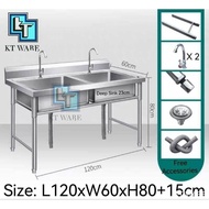 KT WARE Stainless Steel  Double  Bowl Sink with Stand sinki berkaki L120 x W60 x H80cm