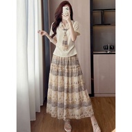 Ethnic Style Suit Skirt 2026 Lapel Laced-Up Short-Sleeved Top Printed Cake Skirt Two-Piece Set 7.22.
