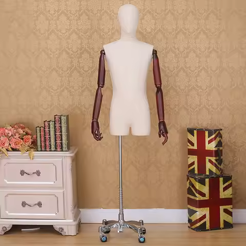 Modern Fabric Wooden Hands, Male Half Upper Body Mannequin With Head Male Manikin for Clothings Disp