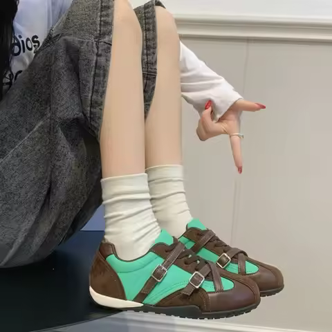 Vintage Color Block German Trainer Sneakers, Dual Buckle Strap, Patchwork Flat Lightweight Trendy Ca