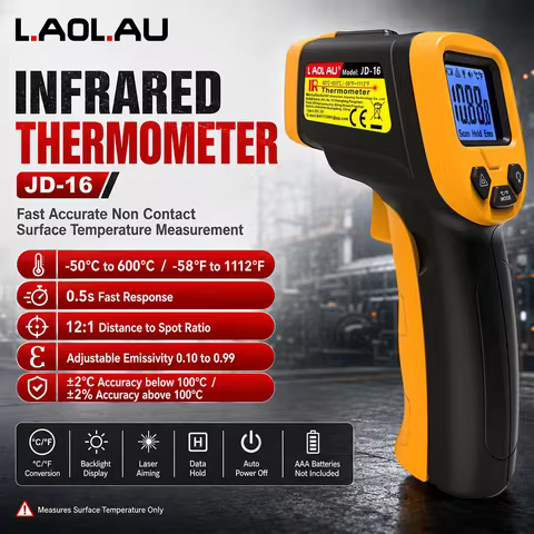 LAOLAU JD 16 Infrared Thermometer Gun 600C 1112F Non Contact Laser Temperature Meter 0.5s 12 to 1 Ad